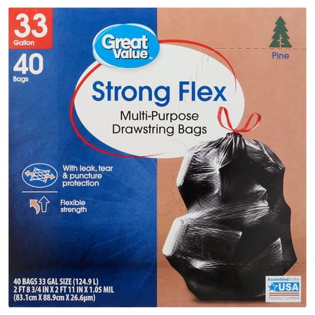 Great Value Strong Flex Multi-Purpose Trash Bags, 33 Gallon, 40 Bags (Unscented, Drawstring) - WALMART