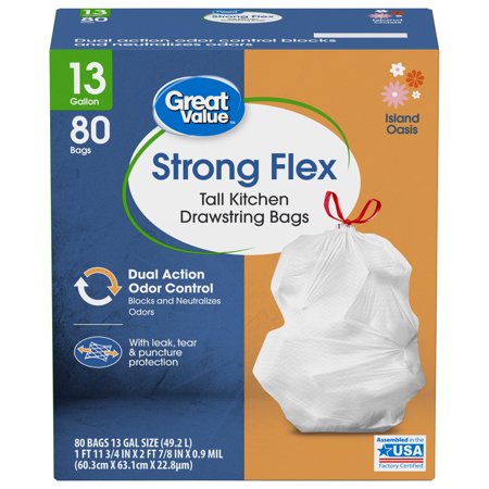 Great Value Strong Flex Tall Drawstring Kitchen Bags, Island Oasis Scent, 13 Gallon, 80 Count