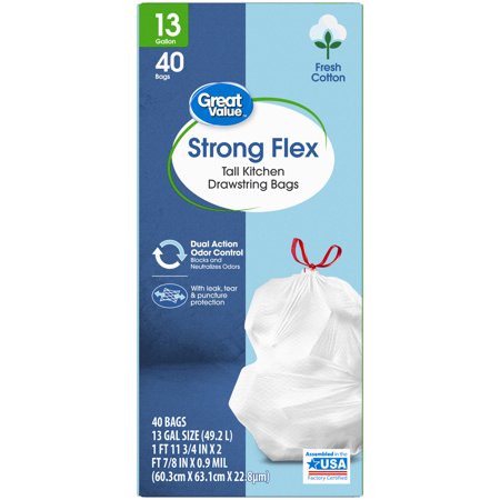 Great Value Strong Flex Tall Kitchen Drawstring Bags, Fresh Cotton, 13 Gallon, 40 Count
