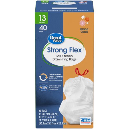 Great Value Strong Flex Tall Kitchen Trash Bags, 13 Gallon, 40 Bags (Island Oasis, Dual Action Odor Control, Drawstring)