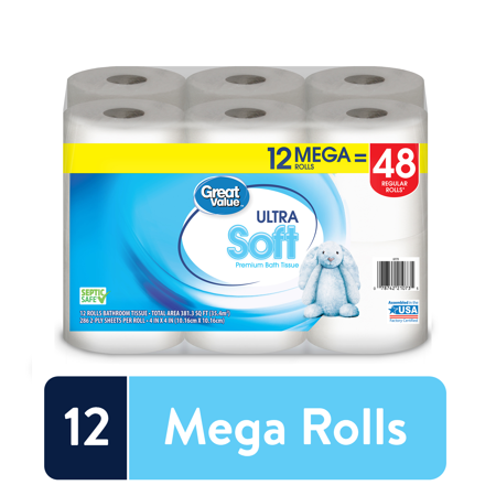 Great Value Ultra Soft Premium Bath Tissue, 12 Mega Rolls = 48 Regular Rolls, 2- Ply Bath Tissue