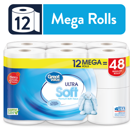 Great Value Ultra Soft Toilet Paper, 12 Mega Rolls