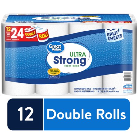 Great Value Ultra Strong Paper Towels, Split Sheets, 12 Double Rolls
