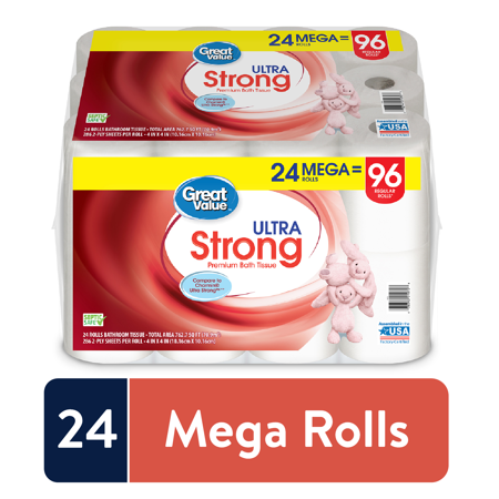 Great Value Ultra Strong Premium Toilet Paper, 24 Mega Rolls