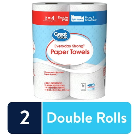Dirt Cheap Paper Towel Deals That Are Shipped To You! Great Value Everyday Strong Paper Towels, Split Sheets, 2 Double Rolls