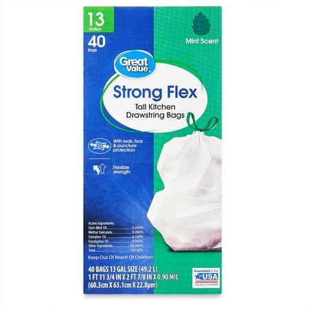 Great Value Strong Flex 13 Gallon Tall Kitchen Trash Bags, Mint Scent, 40 Count - WALMART