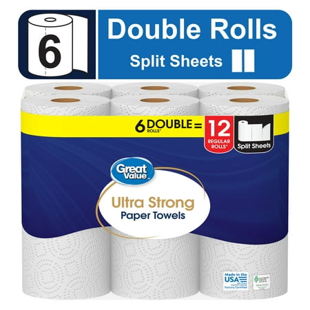 Great Value Ultra Strong Paper Towels, Split Sheets, 6 Double Rolls On Sale At WALMART