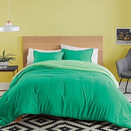 Green 2-Piece Reversible Comforter Set, Recycled Microfiber Bedding, Twin/Twin XL, by Utica