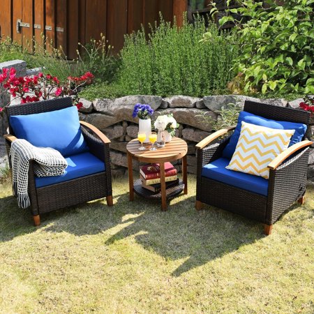 Gymax 3 Pieces Patio Wicker Rattan Conversation Set Outdoor Furniture Set with Cushion