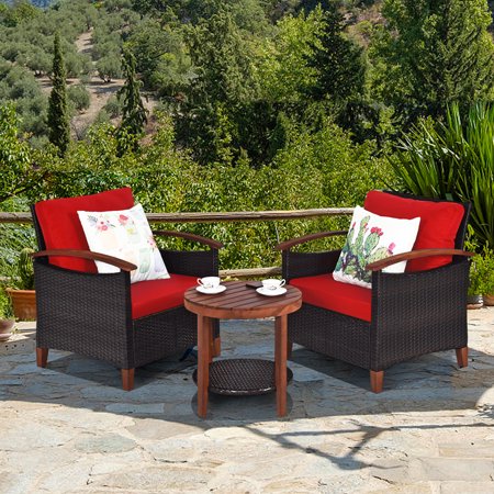 Gymax 3 Pieces Patio Wicker Rattan Conversation Set Outdoor Furniture with Red Cushion