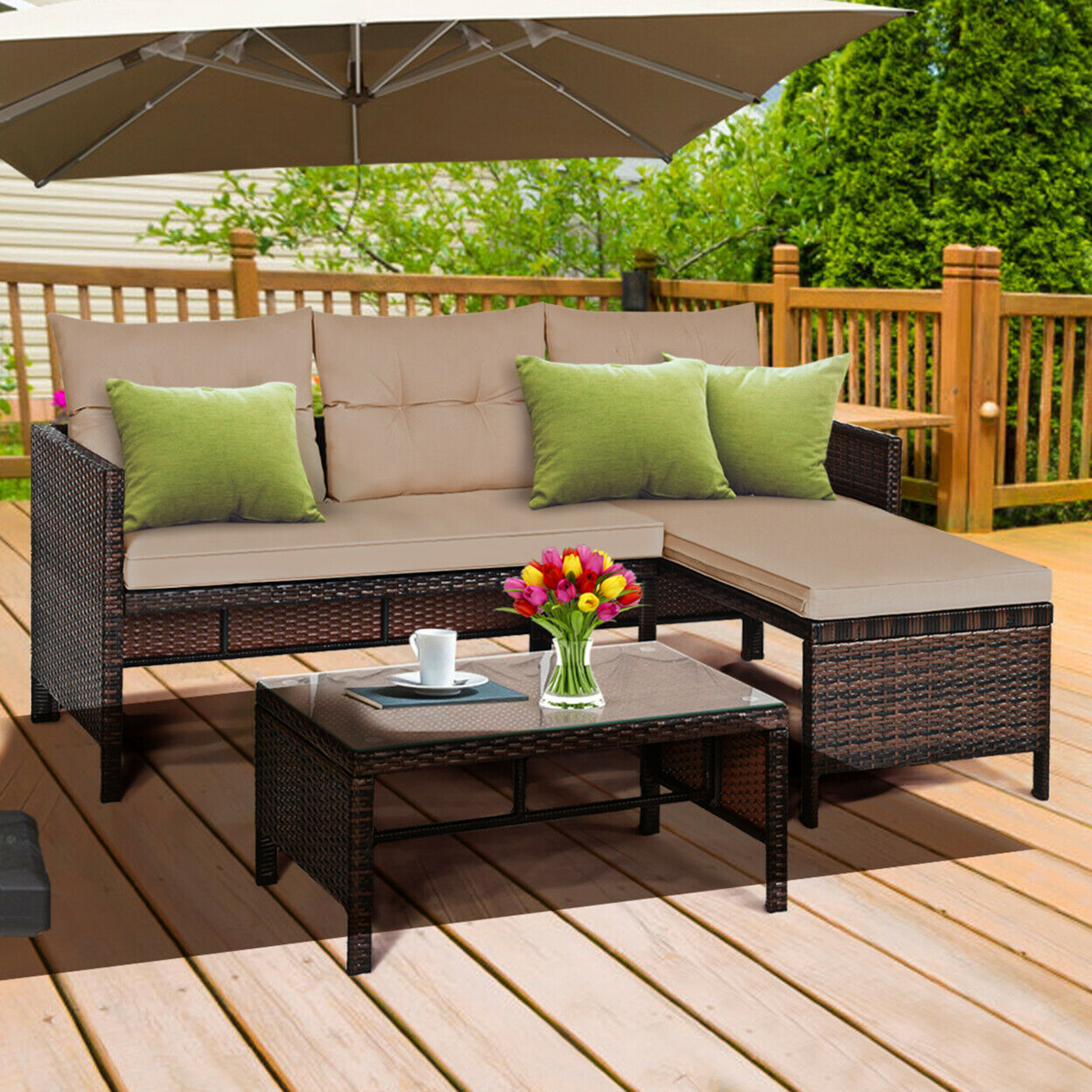 Gymax 3Pcs Outdoor Rattan Furniture Set Patio Couch Sofa Set W/ Coffee Table