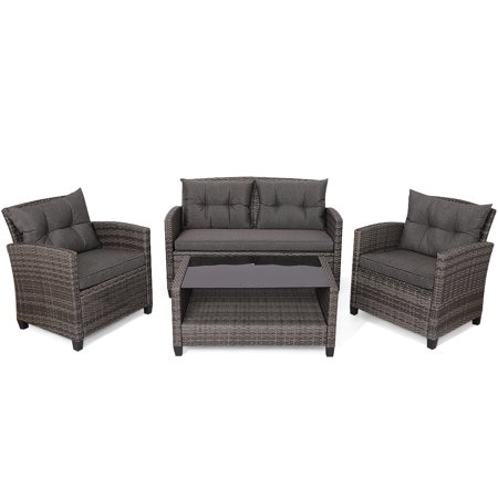 Gymax 4-Piece Rattan Patio Conversation Set Cushioned Outdoor Furniture