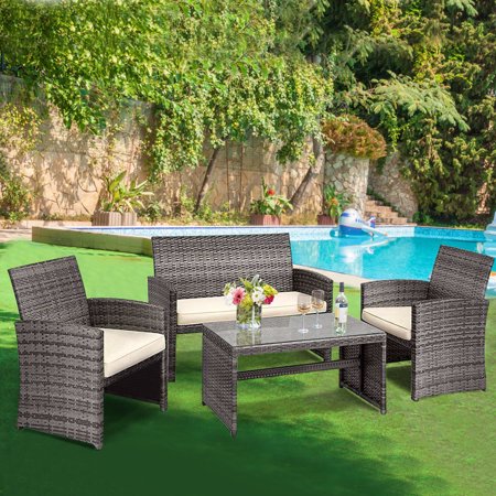 Gymax 4 Pieces Patio Outdoor Rattan Furniture Set with Cushioned Chair Loveseat Table