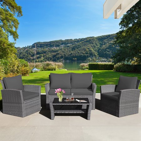 Gymax 4 Pieces Patio Rattan Conversation Set Outdoor Furniture Set with Grey Cushions