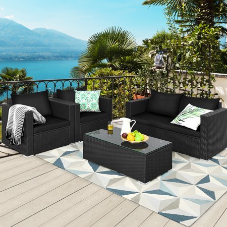 Gymax 4 Pieces Rattan Patio Conversation Set Outdoor Furniture Set with Black Cushions