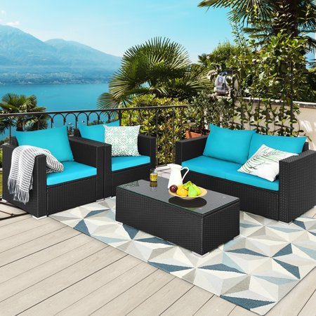 Gymax 4 Pieces Rattan Patio Conversation Set Outdoor Furniture Set with Cushions