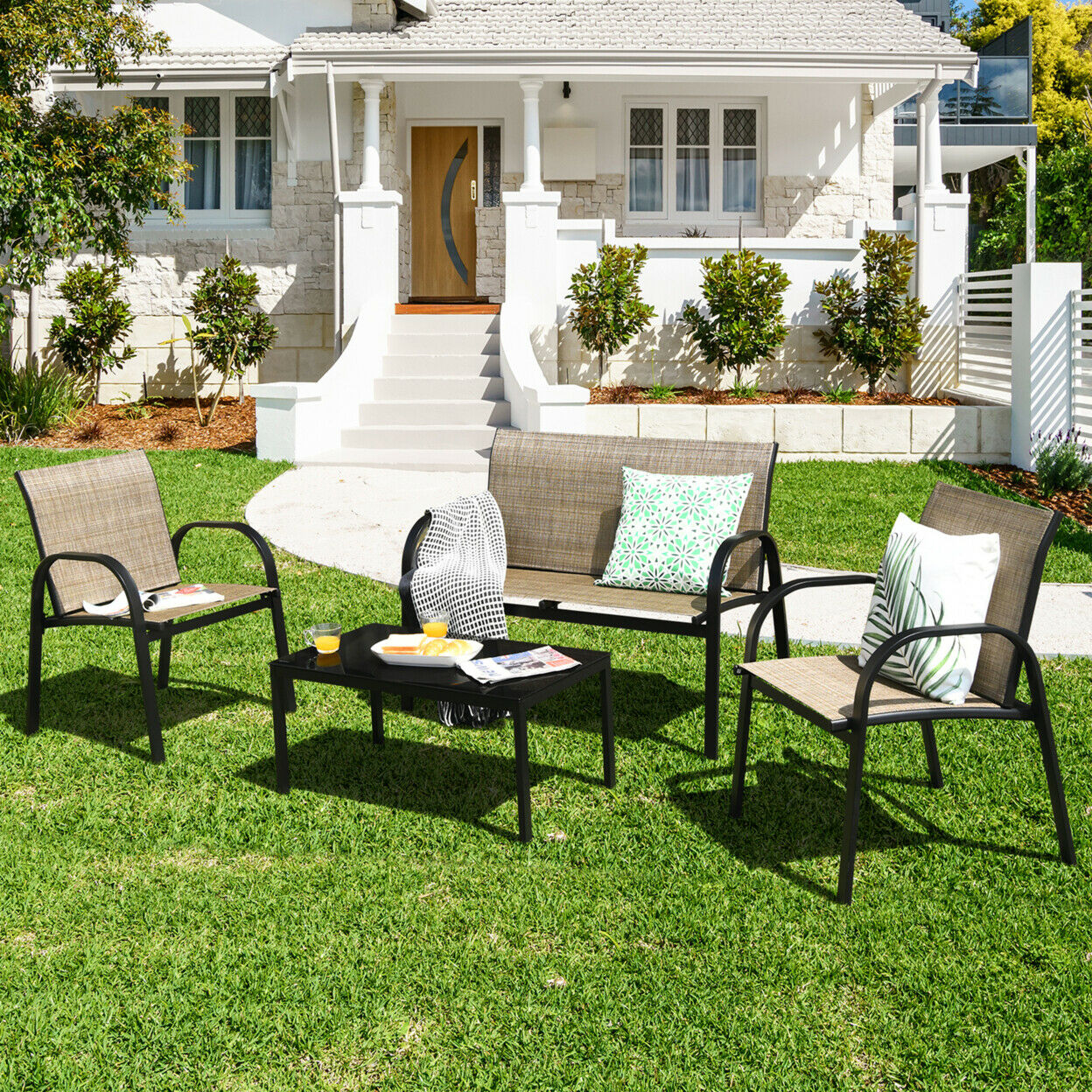 Gymax 4Pcs Patio Conversation Furniture Set All-Weather Garden Outdoor Brown