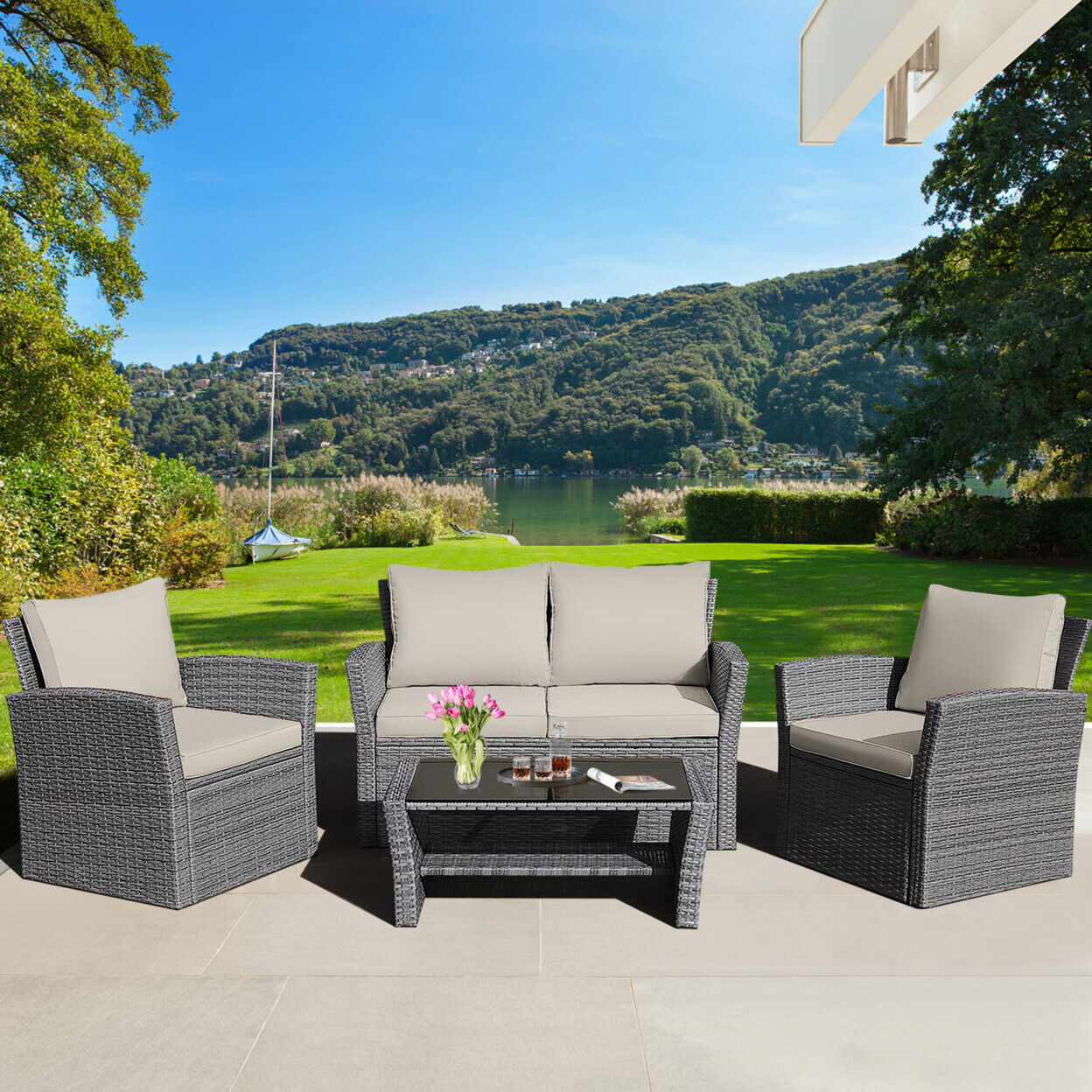 Gymax 4Pcs Patio Rattan Conversation Set Outdoor Furniture Set W/ Khaki Cushions