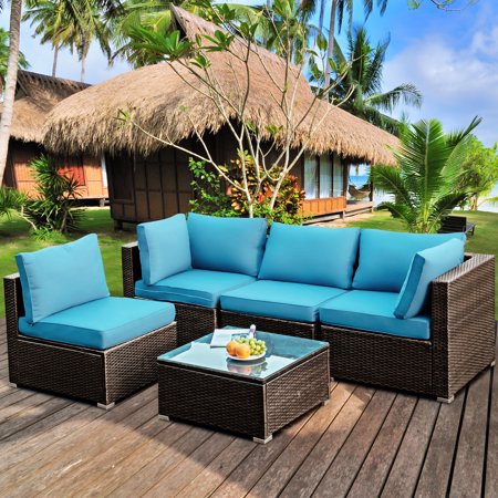 Gymax 5-Pieces Rattan Patio Conversation Set Sofa Furniture with Turquoise Cushions