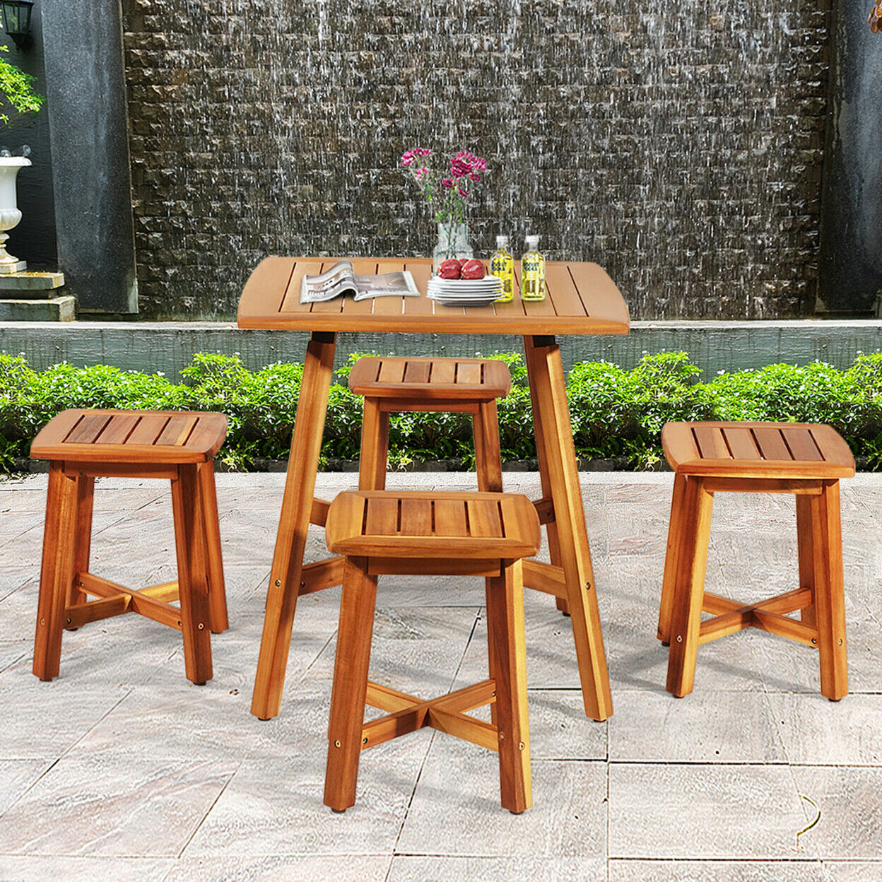 Gymax 5Pcs Wooden Patio Dining Furniture Set Yard Outdoor W/ 4 Square Stools