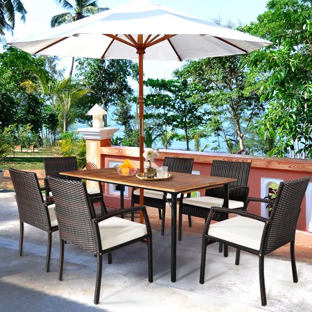 Gymax 7 Pieces Patio Dining Furniture Set with Wooden Tabletop Cushion Umbrella Hole