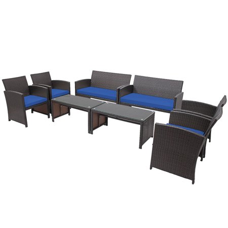 Gymax 8 Pieces Patio Conversation Set Outdoor Rattan Furniture Set with Navy Cushions
