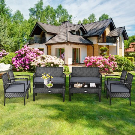 Gymax 8 Pieces Patio Wicker Rattan Conversation Set Outdoor Furniture with Cushion