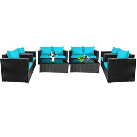 Gymax 8 Pieces Rattan Patio Conversation Set Outdoor Furniture Set with Turquoise Cushions