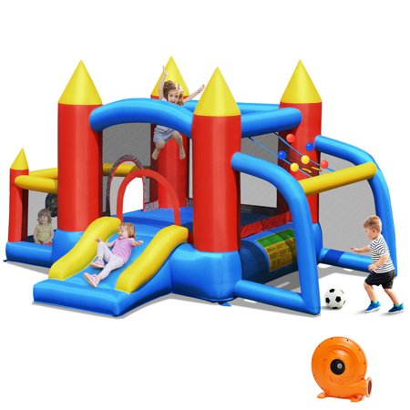 Gymax Kid Inflatable Bounce House Slide Jumping Castle With Soccer Goal Ball Pit & Blower