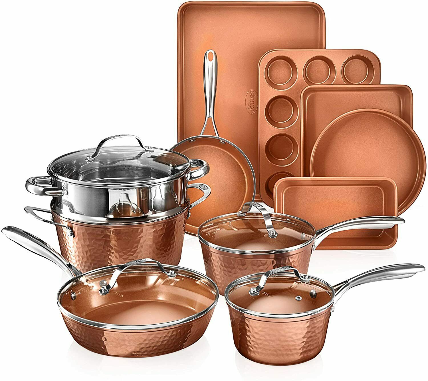 Hammered Copper Collection 15 Piece Premium Cookware & Bakeware Set Gotham Steel
