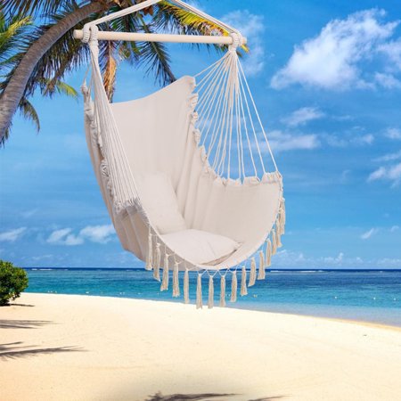 Hammock Chair Hanging Rope Swing, Large Hammock Chair Swing with Two Seat Cushions, Hanging Swing Chair for Home Bedroom Patio Deck Yard Garden, 300 lbs Weight Capacity, B1531