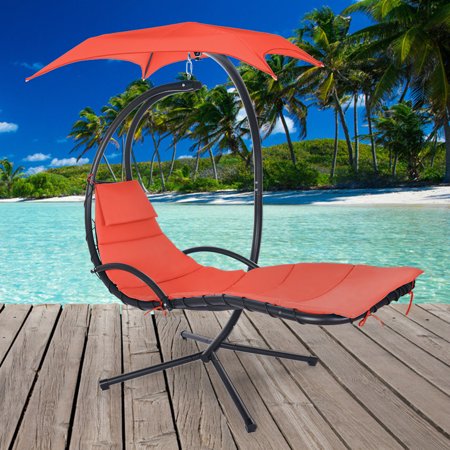 Hanging Curved Steel Chaise Lounge Chair Swing Built-in Pillow and Canopy
