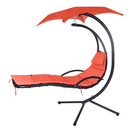 Hanging Curved Steel Chaise Lounge Chair Swing W/Built-in Pillow And Canopy