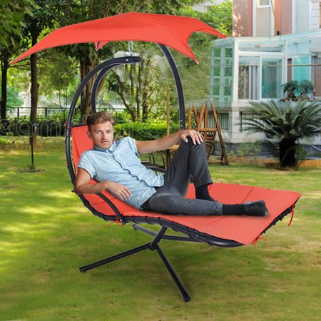 Hanging Curved Steel Chaise Lounge Chair Swing W/Built-in Pillow and Canopy