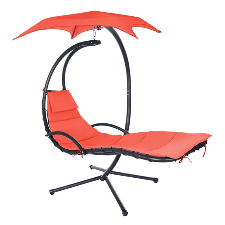 Hanging Curved Steel Chaise Lounge Swing Chair Built-in Pillow and Canopy