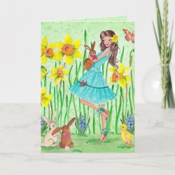 Happy Easter Flowers Girl Easter Card