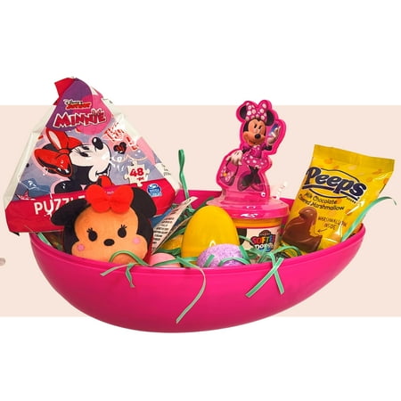 Happy Easter Basket Pre-Filled Surprise Jumbo Egg w/ Minnie Mouse Plush Toy Kiddy Dough Figure Eggs Candies Gift & Reusable...