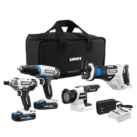 HART 20-Volt Cordless 4-Tool Combo Kit (2) 1.5Ah Lithium-Ion Batteries and 16-inch Storage Bag