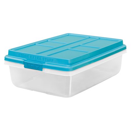 Hefty 10 Gallon Plastic Storage Bin with Latch Lid, Teal and Clear