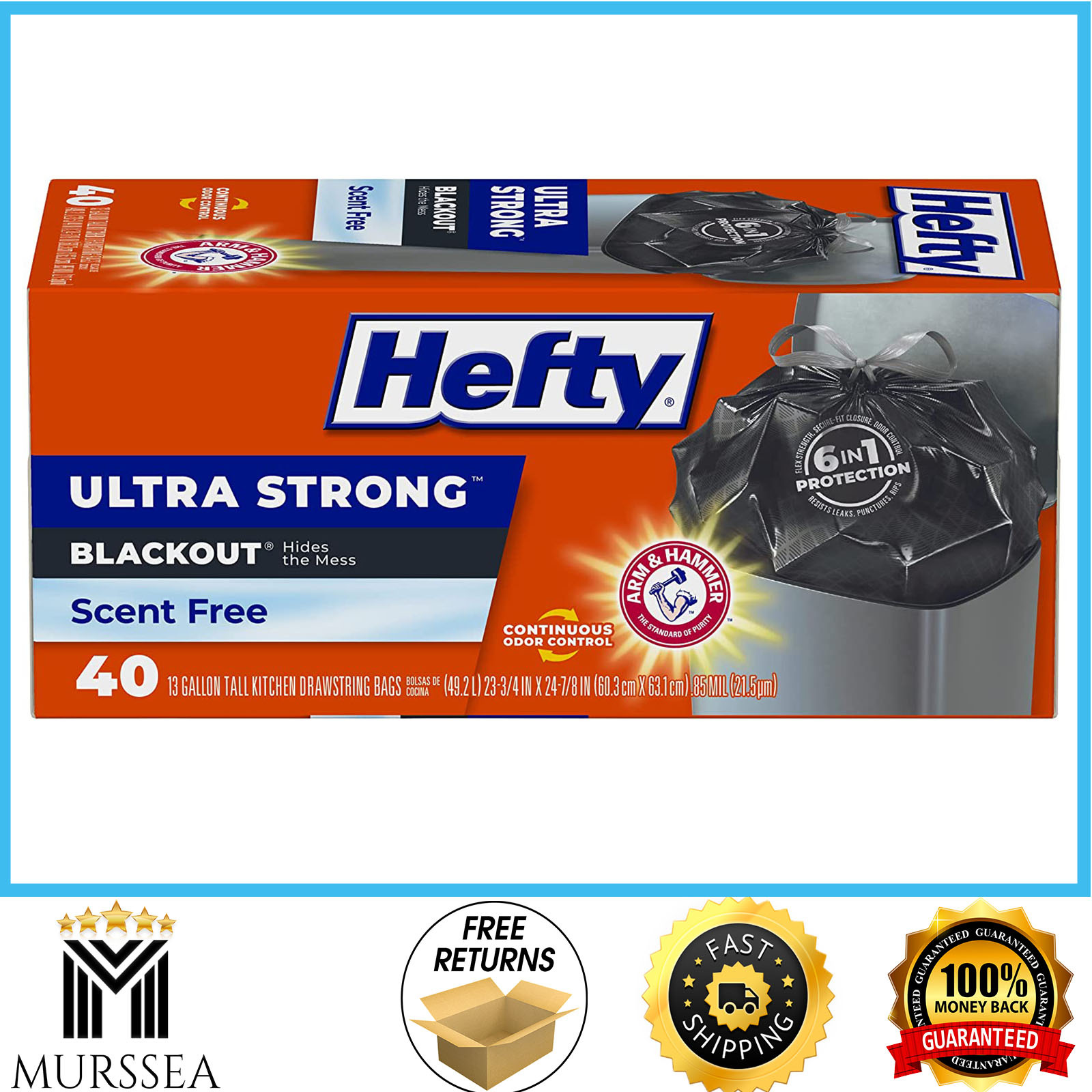 Hefty Ultra Strong Blackout Tall Kitchen Trash Bags Unscented 13 Gallon 40 Count