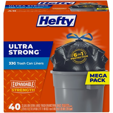 Hefty Ultra Strong Multipurpose Large Trash Bags, Black, Unscented Scent, 33 Gallon, 40 Count