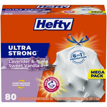 Hefty® Ultra Strong Tall Kitchen Trash Bags, 13 Gallon, 80 Bags (Lavender & Sweet Vanilla Scent, Drawstring)