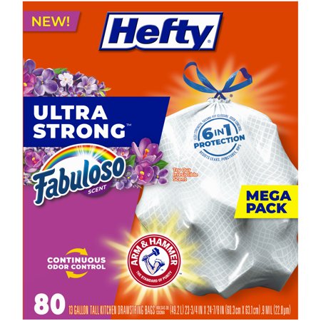 Hefty Ultra Strong Tall Kitchen Trash Bags, NEW! Fabuloso Scent, 13 Gallon, 80 Count
