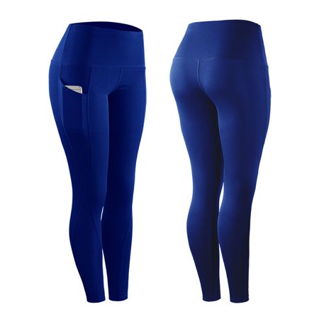 High Waisted Leggings for Women- 4 Colors - Athletic Tummy Control Pants for Running Cycling Yoga Workout, Soft Ankle-Length Opaque Slim with Side Pocket, M-2XL Blue
