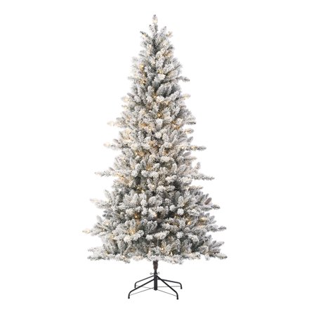 Holiday Time 7.5ft Pre-Lit Flocked Birmingham Fir Artificial Christmas Tree, Warm White LED, Green, 7.5' On Sale At Walmart