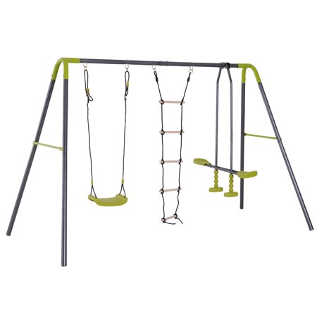 HomCom 3 in 1 Kids Swing Set, Double Face to Face Swing Chair & Glider Set, Climbing Ladder A-Frame Outdoor Heavy Duty Metal Swing Set for Backyard Playground