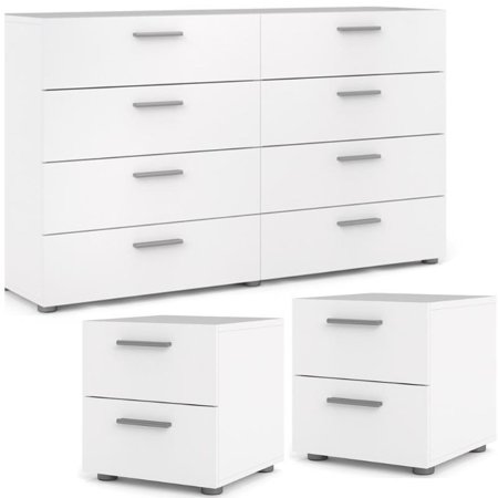 Home Square Scandinavian Look 3 Piece Bedroom Set 8 Drawer Double Dresser and Two Nightstand in White
