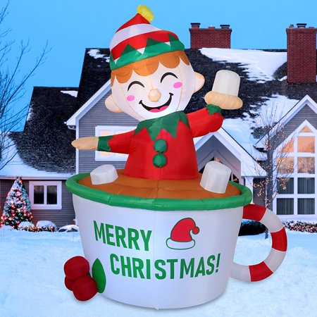 Homify 6 FT Tall Inflatable Elf Mug with Built-in LEDs Blow Up Inflatables for Christmas Party Indoor, Outdoor, Yard, Garden, Lawn Winter Decorations