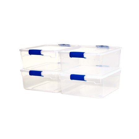 Homz® 15.5 Quart Clear Plastic Latching Sweater Box Storage Container, Clear Base with Blue Latches, Set of 4