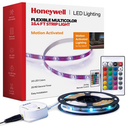 Honeywell Multi Color Motion Activated RGB LED Strip Light with Remote, Power Adapter - 16.4ft/5M